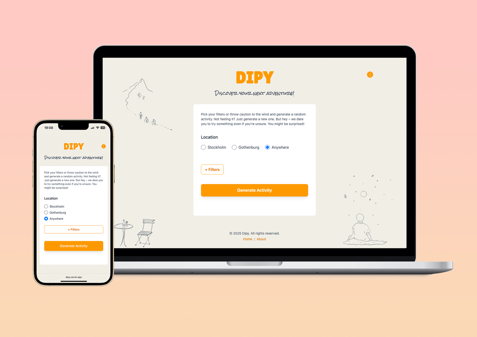A mockup showing the landing page of Dipy with mobile UI to the left and Desktop UI to the right.