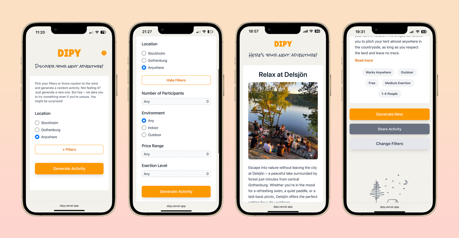 An image showing the UI of two pages of the user navigation flow in Dipy. The two to the left showing the landing page and the filter section, the two to the right showing the generated activity and the activity tags and actions possible at the result page.