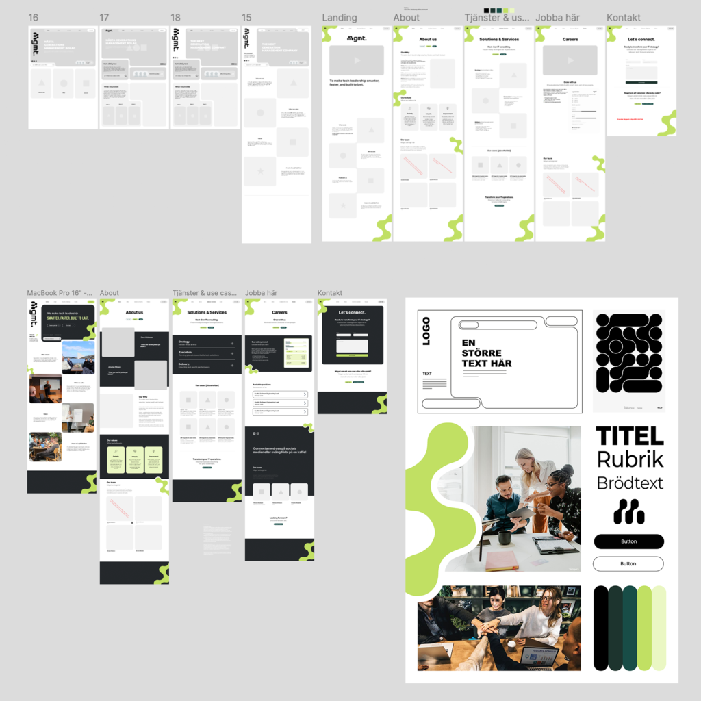 An image featuring screenshots from both work in progress wireframes and final prototype in figma. On the bottom right there is a moodboard for the creative direction.