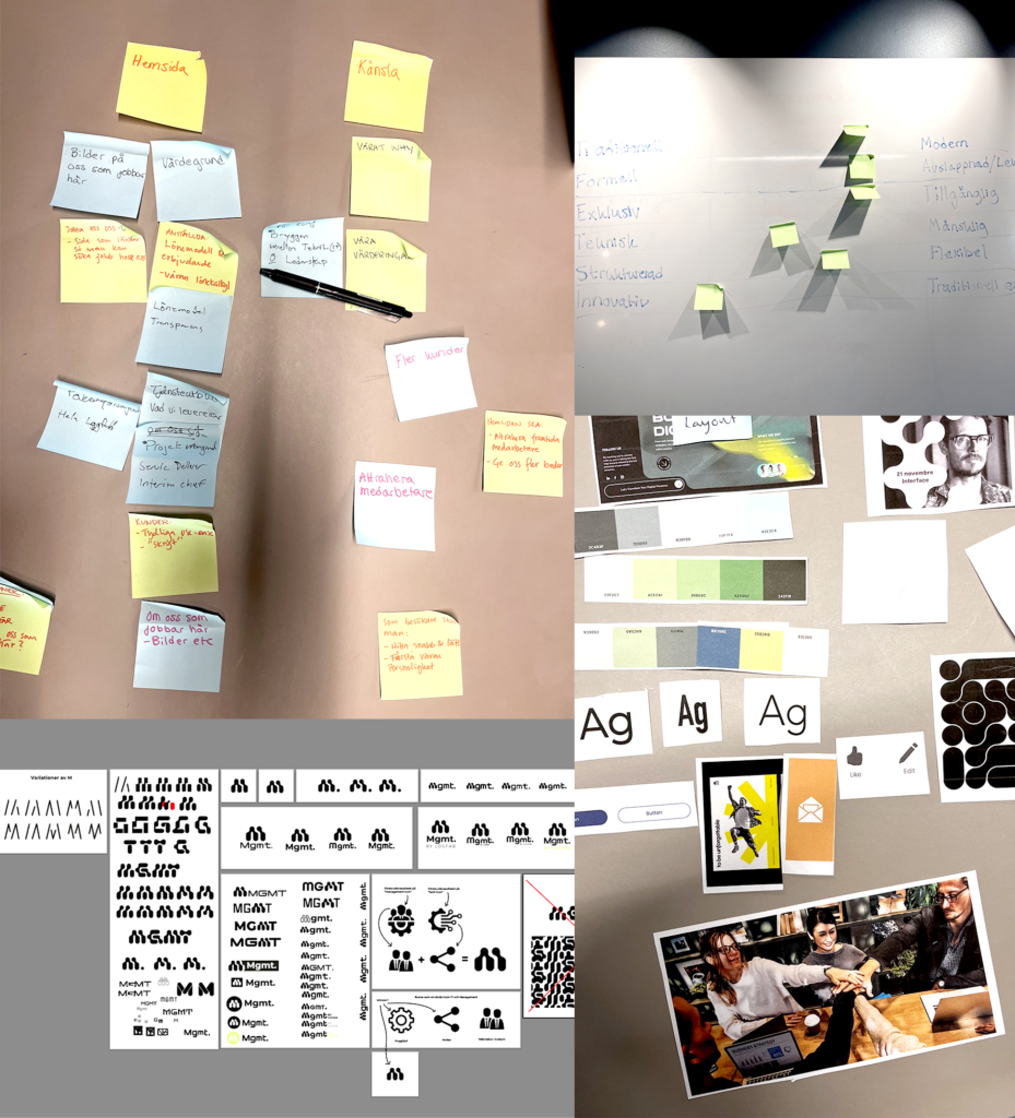 An image consisting of four images from the brand workshop. The top right is showing post it notes with priorities placed in an order of importance. The top left is showing a whiteboard with opposites of characteristics for the brand with a post it note in between each to show where Mgmt ideal position is. The bottom right is shping the work with the brands new logotype. The bottom right is showing the chosen pictures from the moodboard exercise.
