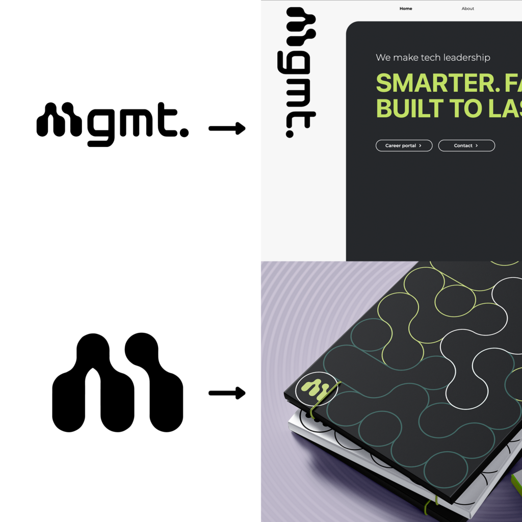 A visualisation of how the designed graphic elements can be used in practice, both in web and in merch. The top half shows how the logo is flipped 90 degrees for usage on the landing page, the bottom hakf shows how the secondary logo (icon) is used on a folder.
