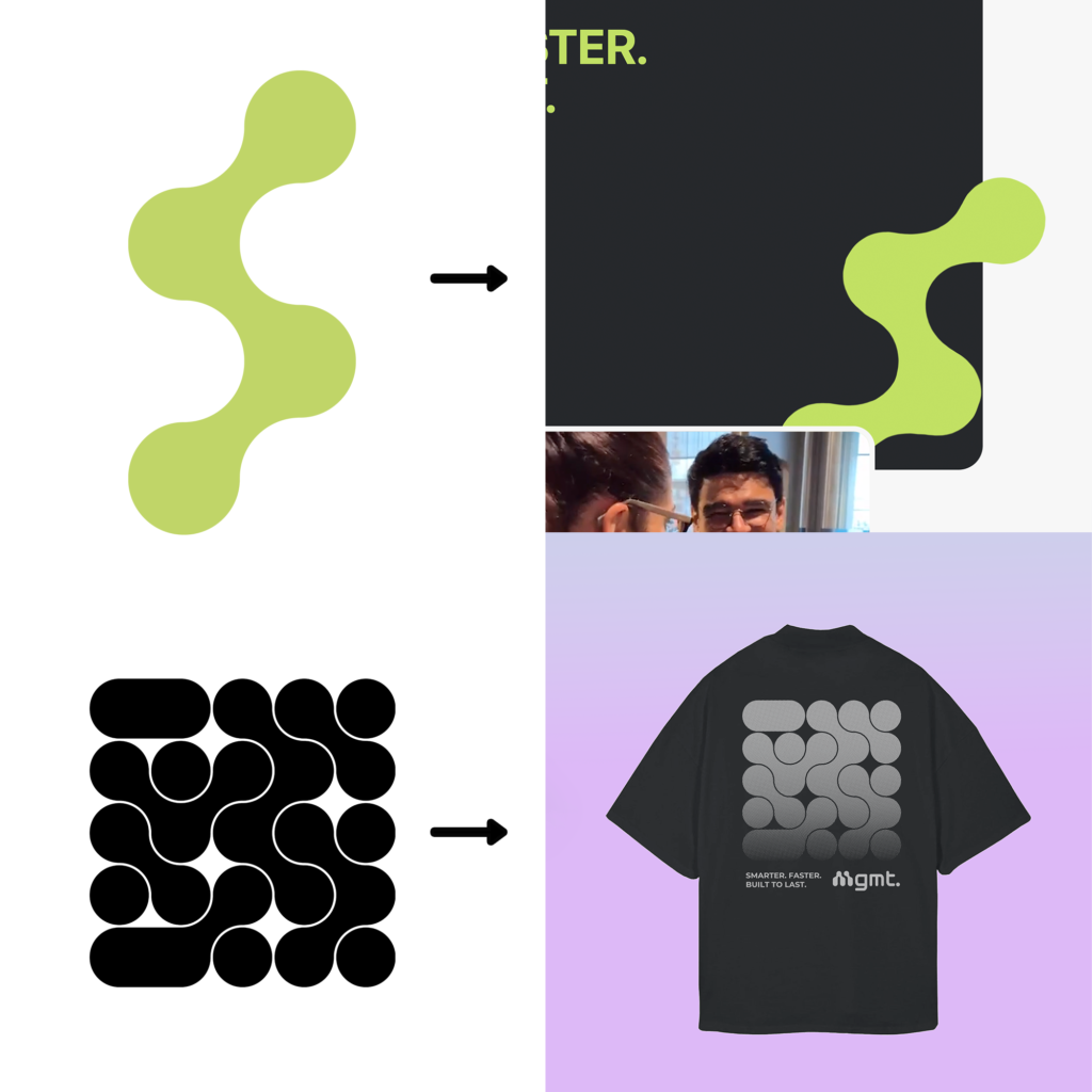 A visualisation of how the designed graphic elements can be used in practice, both in web and in merch. The top half shows a green blob which is used in the landing page, the bottom half shows a Mgmts pattern which is used as a design on a t-shirt.