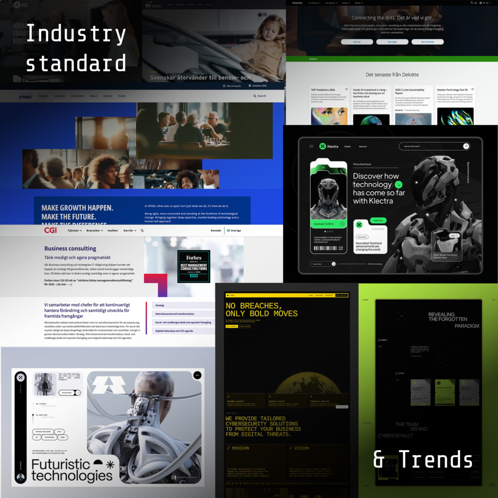 A collage showing websites, ranging from industry standards within IT management consultancy versus futuristic emerging trends