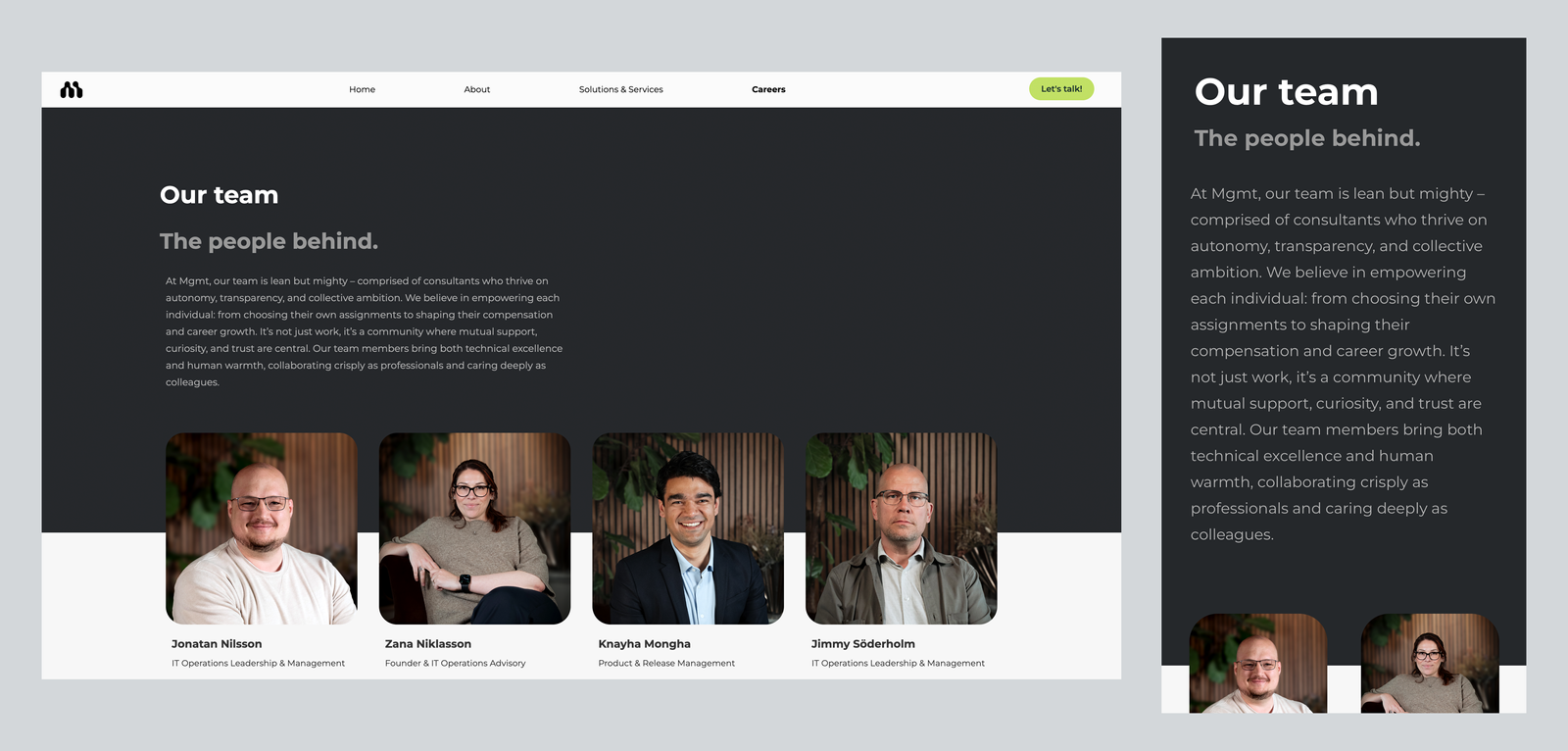 Two screenshots (desktop to the left and mobile to the right) from the Career page on Mgmts new website.