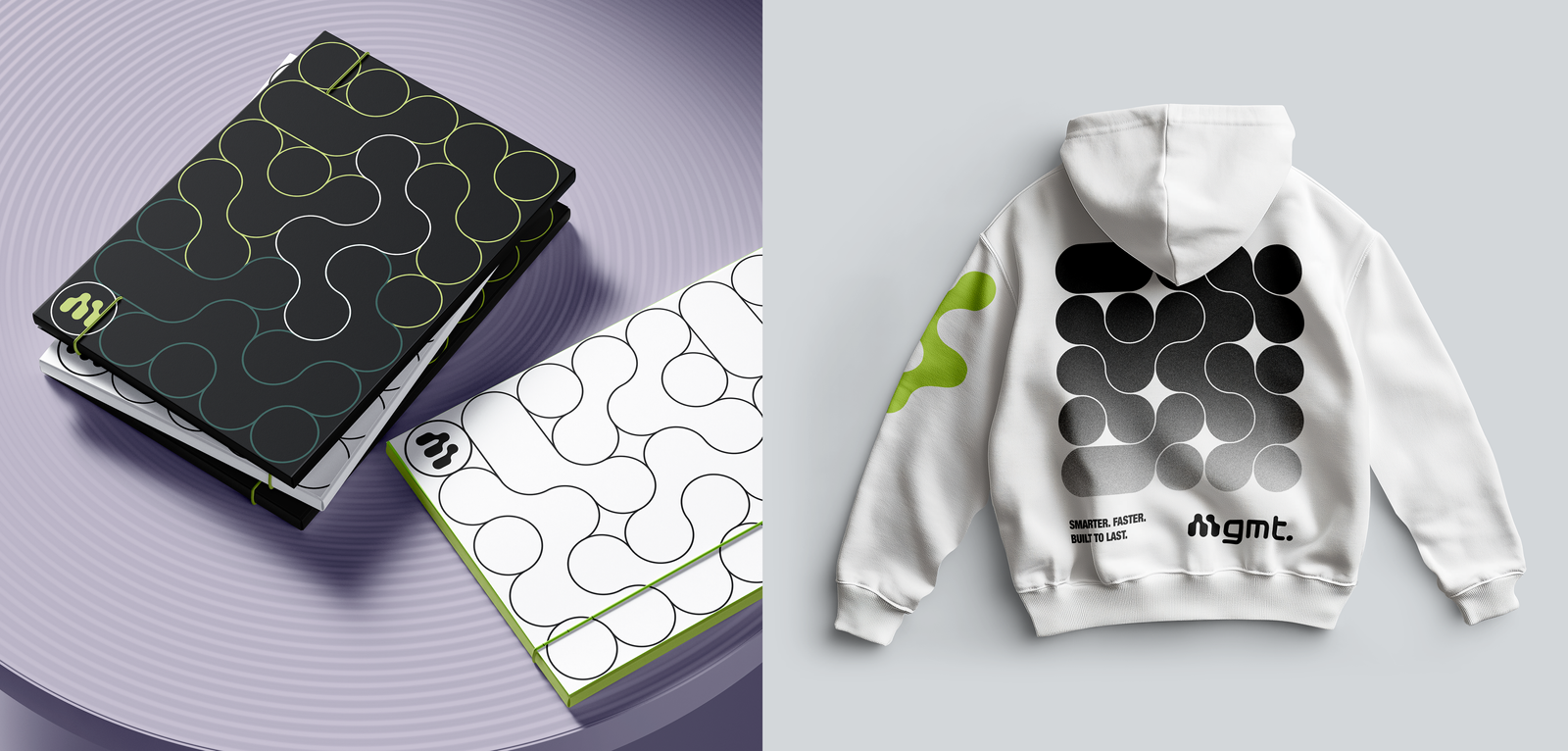 Two images featuring examples of merch using Mgmts new visual identity. From the left: A stack of folders featuring the brand pattern in n outlined variation and the icon logo at the bottom left, a white hoodie with the solid black pattern, signature green blob, Mgmt logo and slogan "Smarter. Faster. Built to last."