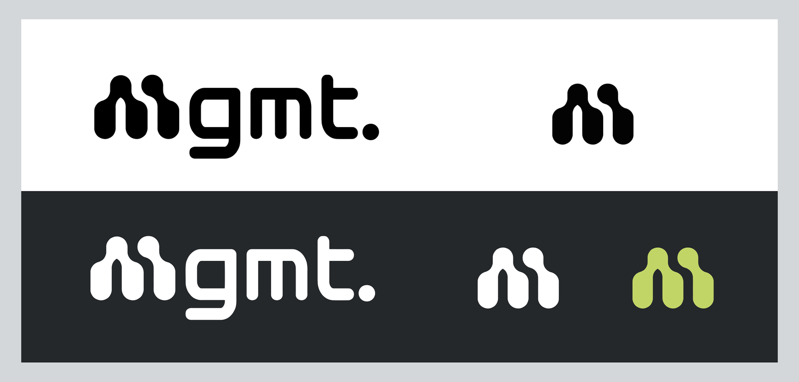 A visualisation of Mgmts logo and icon in black on white at the top half, and white and green on a dark gray background in the bottom half.