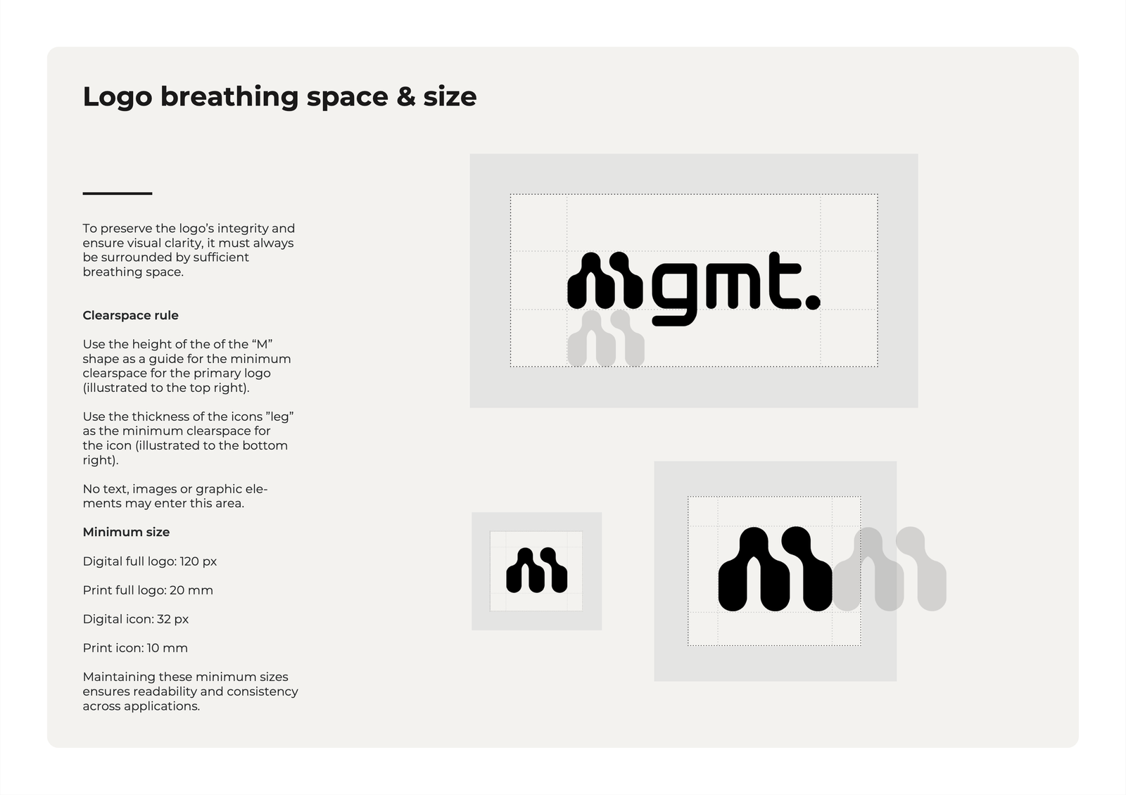A slide from the style guide showing examples of how to space the logo in relation to other content.