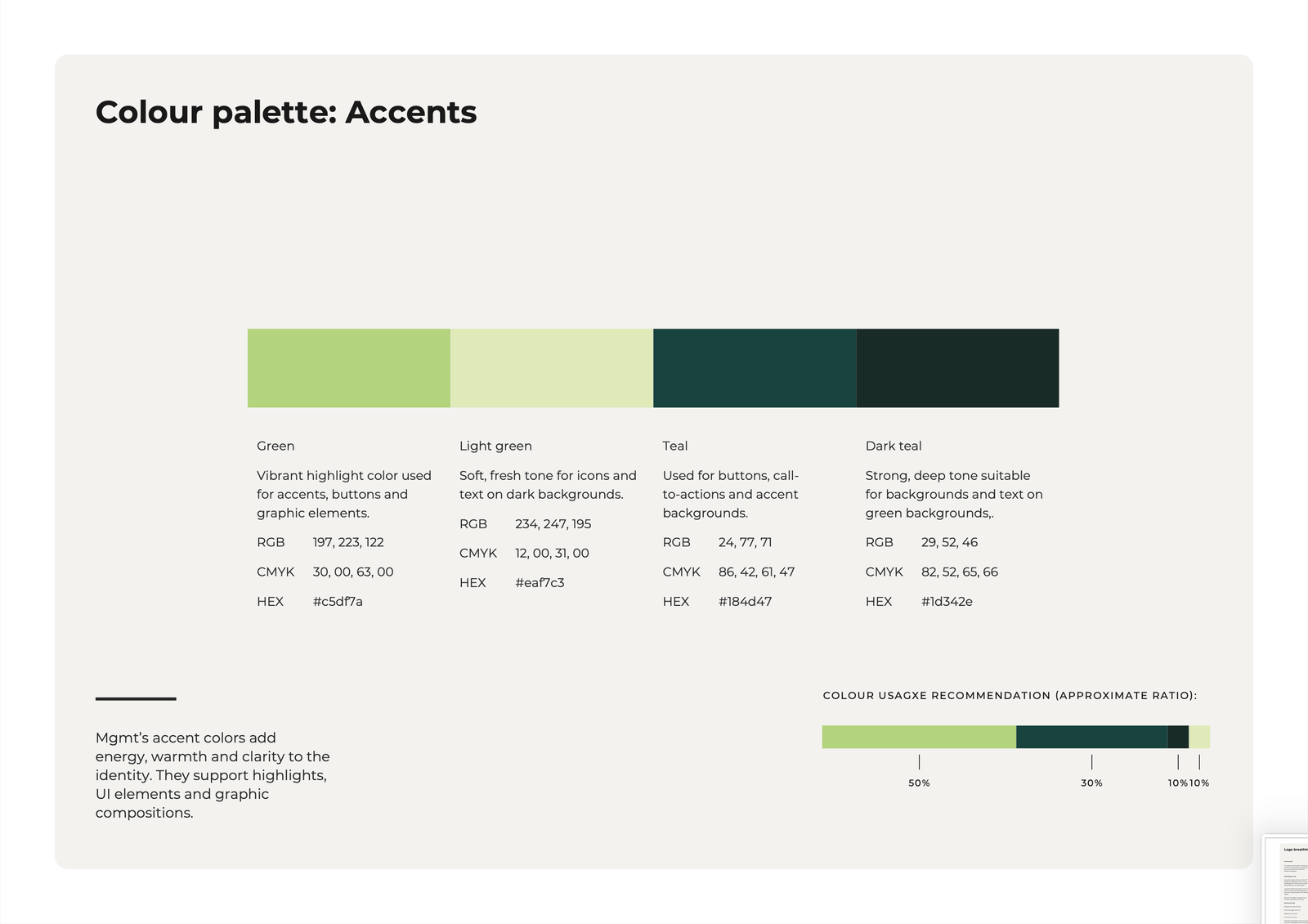 A slide from the style guide showing accents from the color palette and the ratio for how to use them.