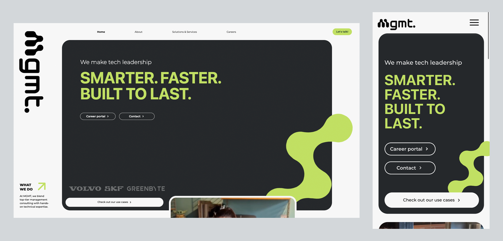 Two screenshots (desktop to the left and mobile to the right) from the landing page on Mgmts new website.