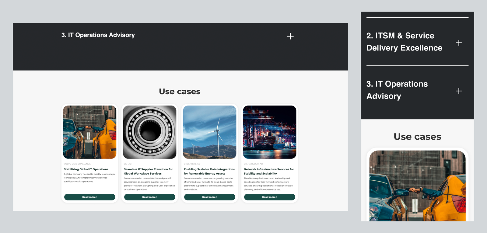 Two screenshots (desktop to the left and mobile to the right) from the Solutions & Services page on Mgmts new website.