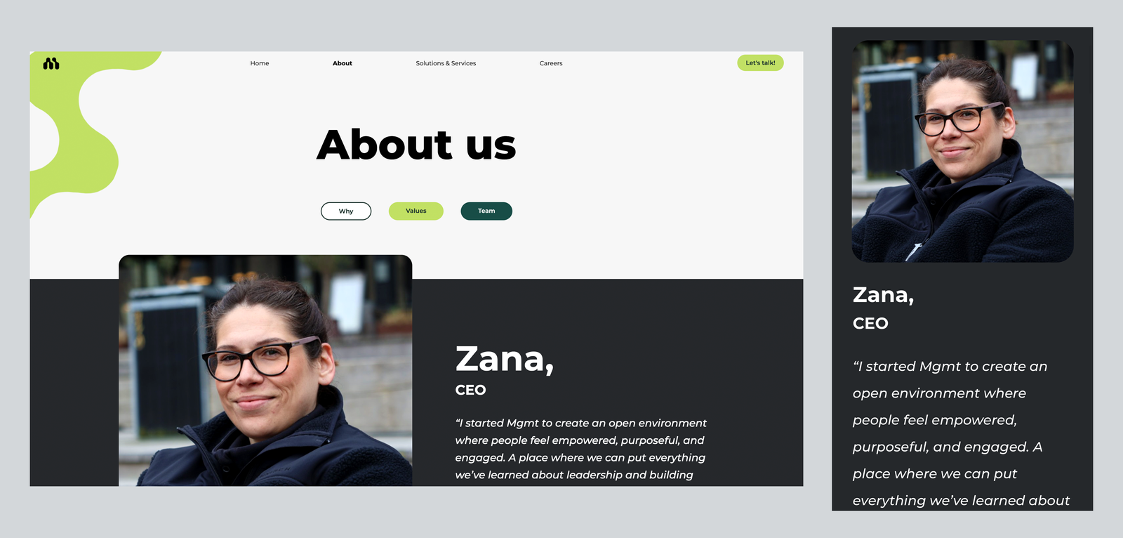 Two screenshots (desktop to the left and mobile to the right) from About page on Mgmts new website.
