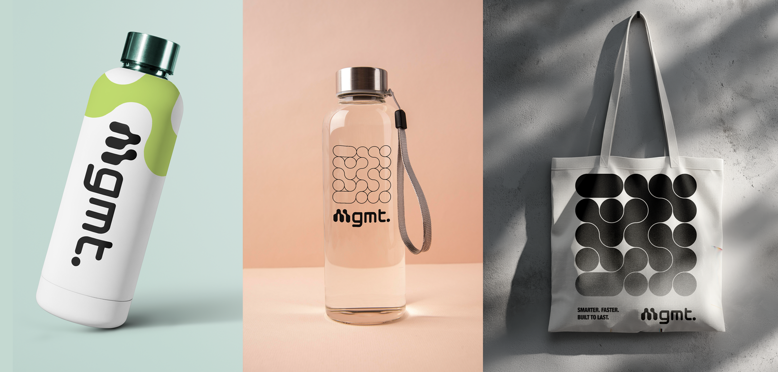 Three images featuring examples of merch using Mgmts new visual identity. From the left: A white metallic water bottle with the Mgmt logo and signature green blob, A see through plastic water bottle with the Mgmt logo and pattern outlines in black, a white tote bag with the solid black pattern and Mgmt logo and slogan "Smarter. Faster. Built to last."