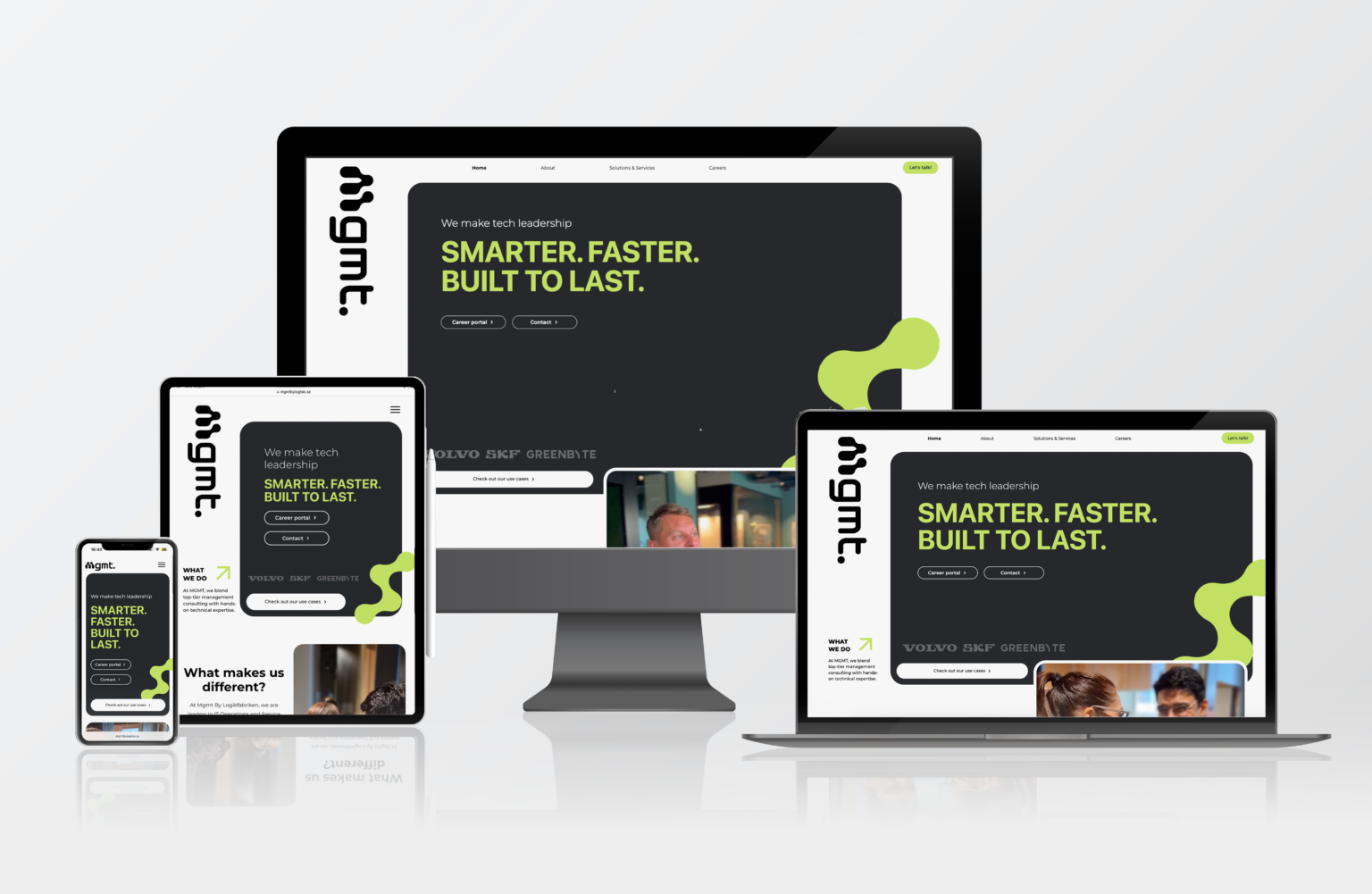 The landing page of the finished design for Mgmt by logikfabriken, a tech consulting firm. The page is shown in four different screen sizes, from the left: mobile, laptop, desktop, laptop.